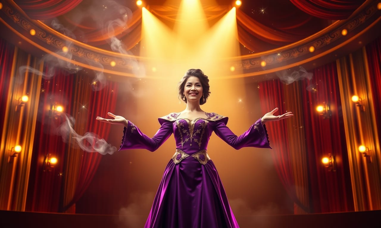 Frances Morgan performing on a theatrical stage with golden spotlight and swirling stars